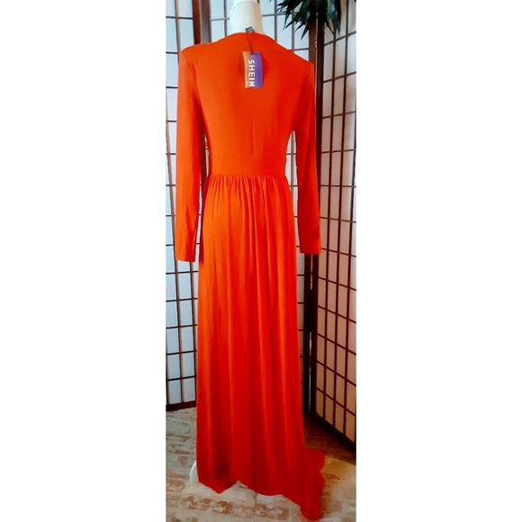 SHEIN Sexy Plunging Neck High Split Dress - Orange - Picture 12 of 16